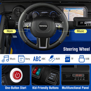 Car interior with steering wheel and dashboard controls labeled, featuring Toyota branding.