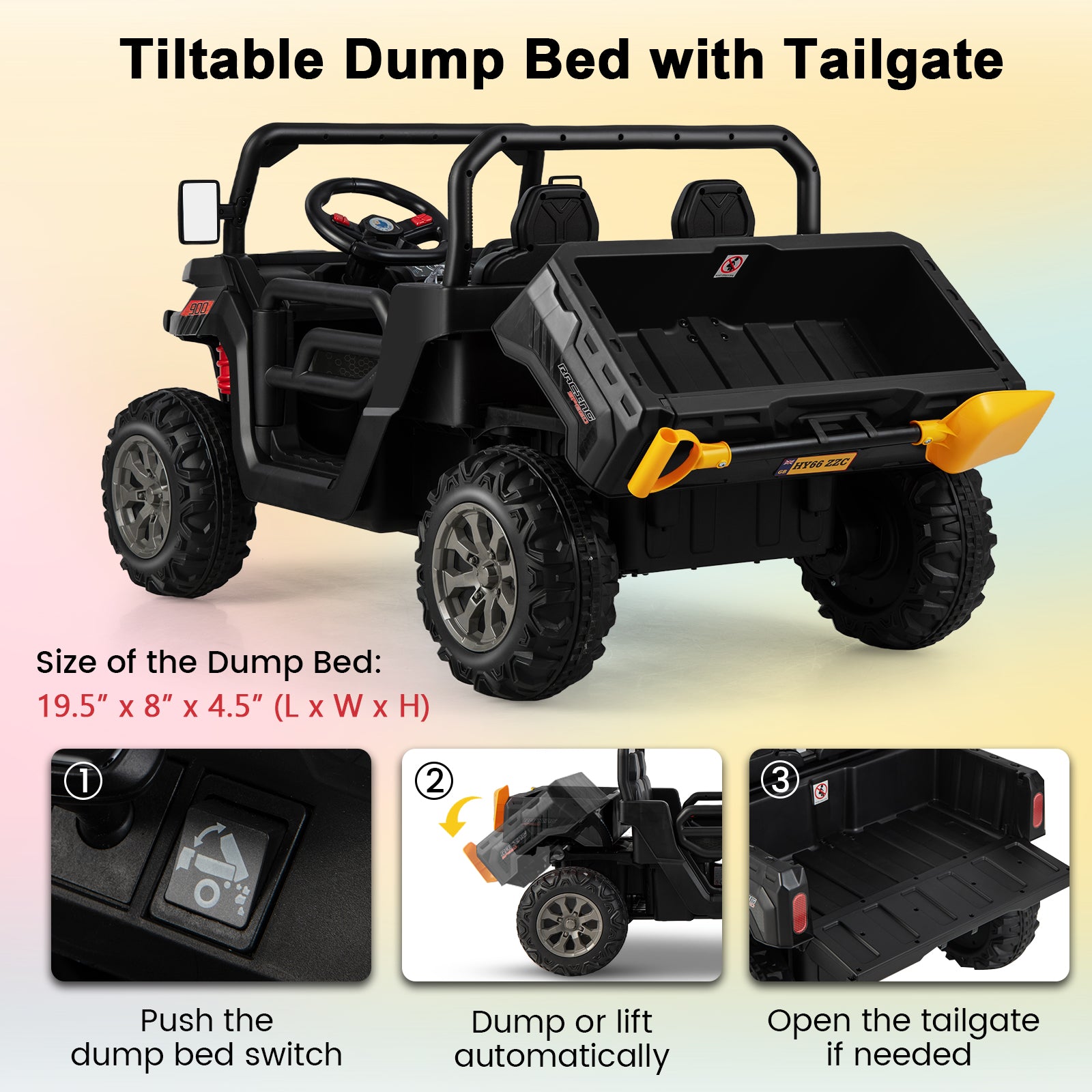 Toy utility vehicle with tiltable dump bed and tailgate on a gradient background