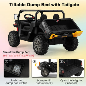Toy utility vehicle with tiltable dump bed and tailgate on a gradient background