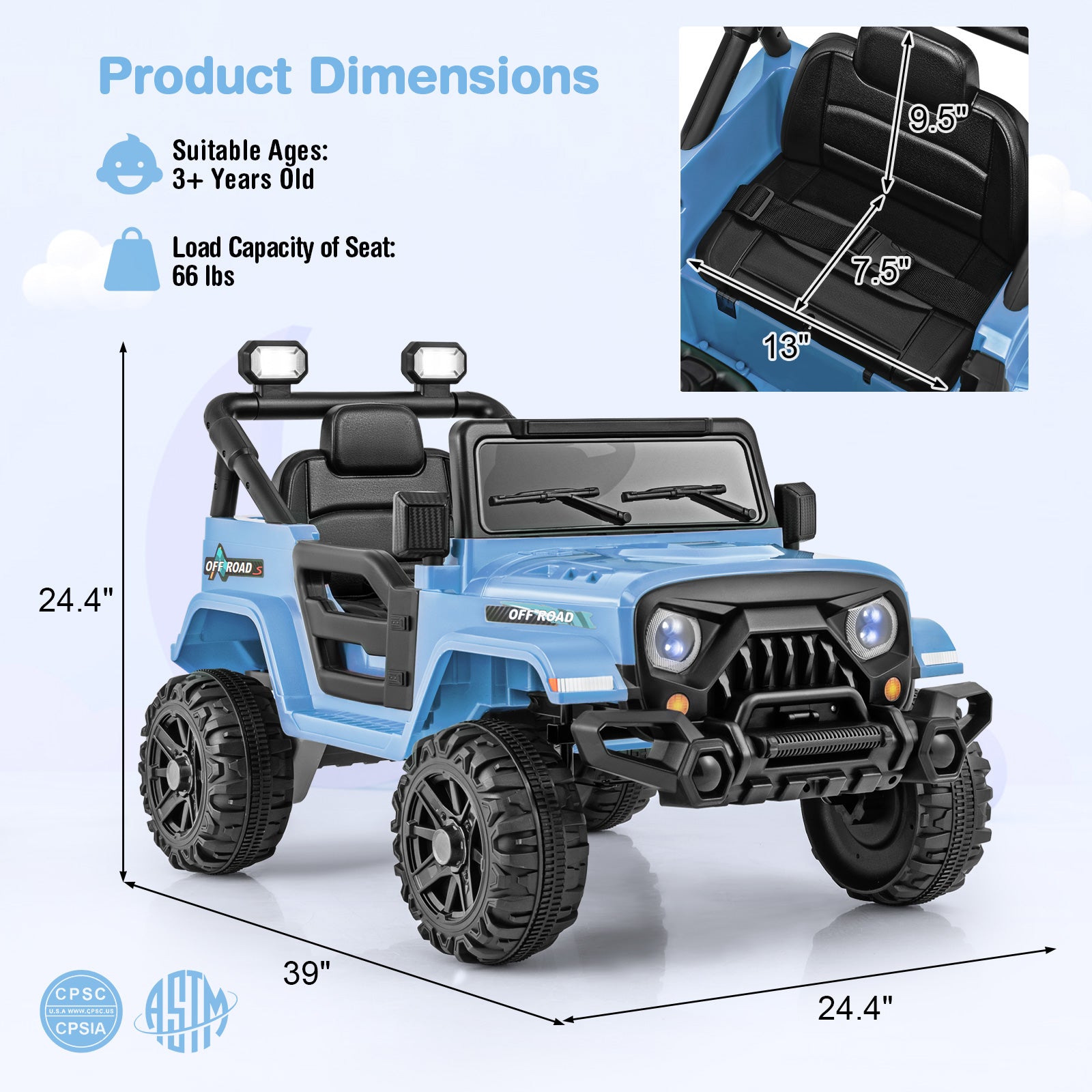 Blue toy SUV with dimensions and product details on a white background