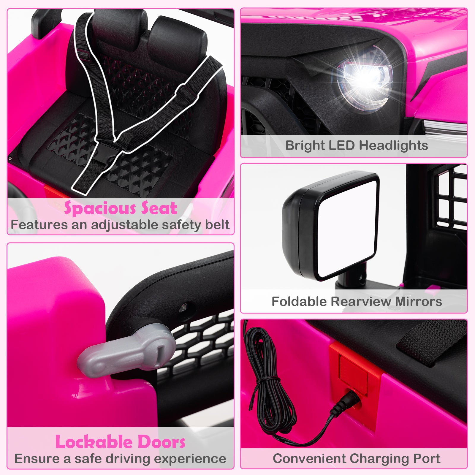 Collage of features of a pink toy car including headlights, seat, mirrors, doors, and charging port.