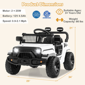 Children's toy truck with product dimensions and safety certifications on a beige background