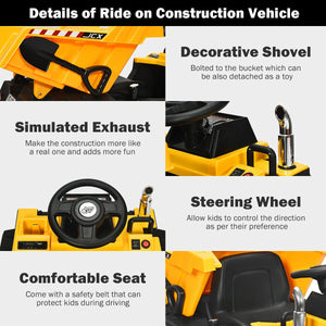 Details of a ride-on construction vehicle with decorative shovel, simulated exhaust, steering wheel, and comfortable seat.