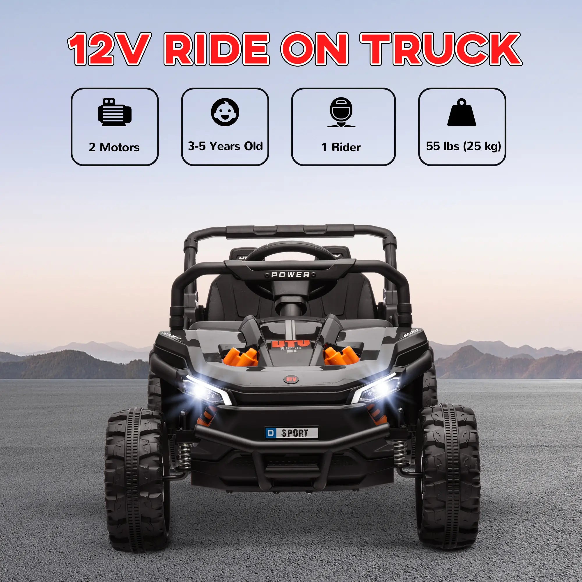12V ride-on truck with specifications on a mountainous background