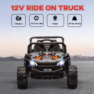 12V ride-on truck with specifications on a mountainous background