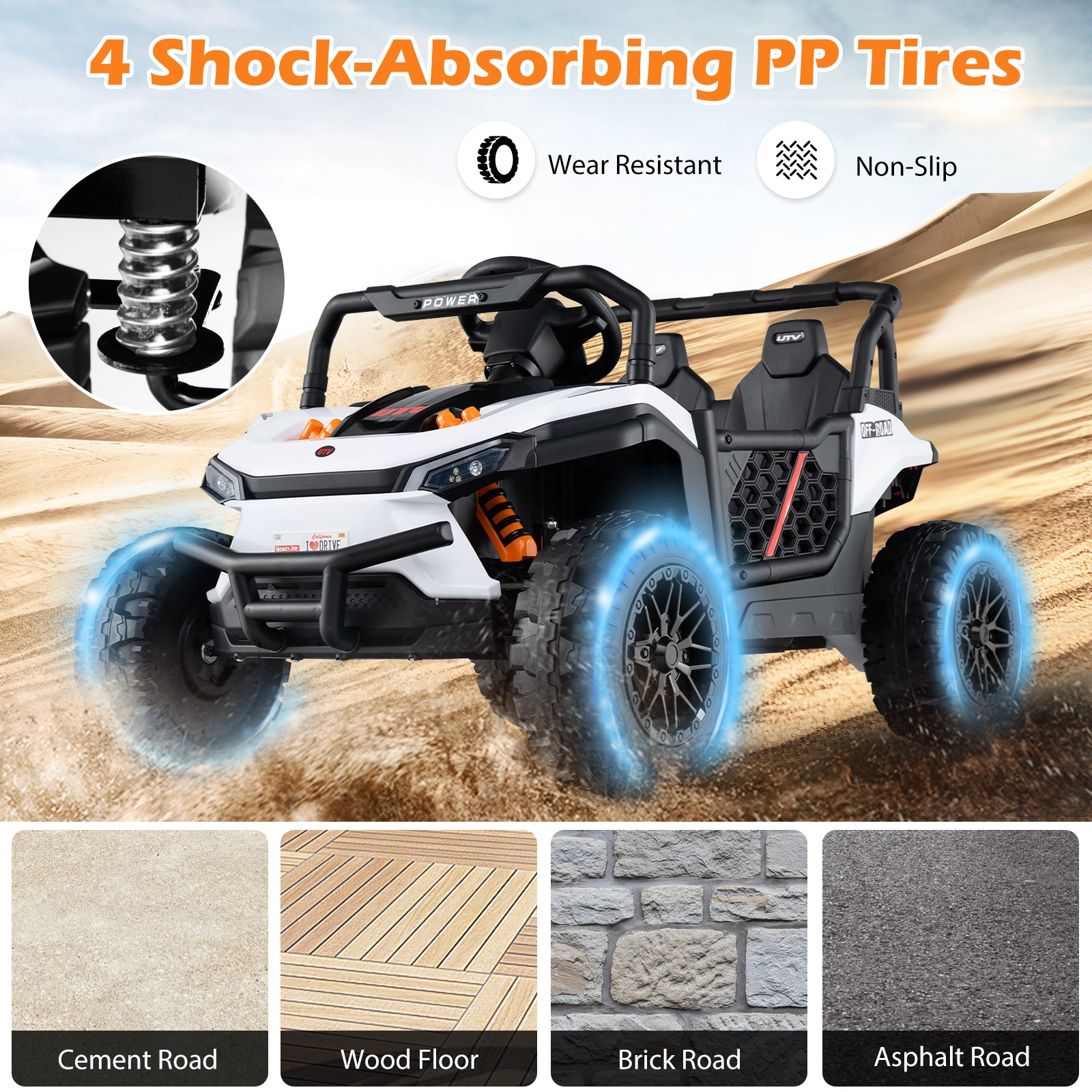 Off-road vehicle with shock-absorbing PP tires on a sandy background, featuring wear resistance and non-slip properties.