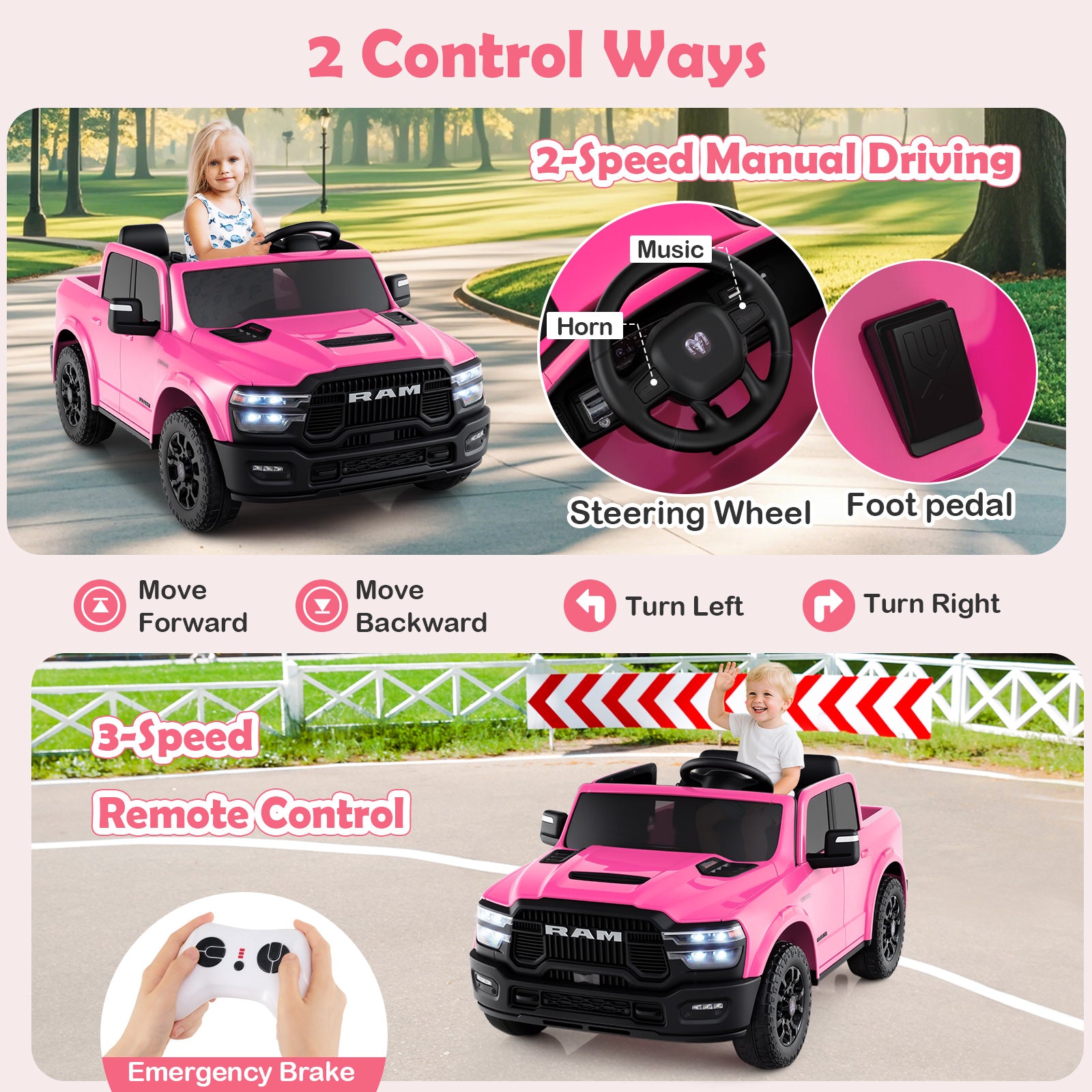 Pink toy truck with controls and features highlighted on a scenic road background