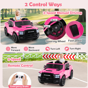 Pink toy truck with controls and features highlighted on a scenic road background