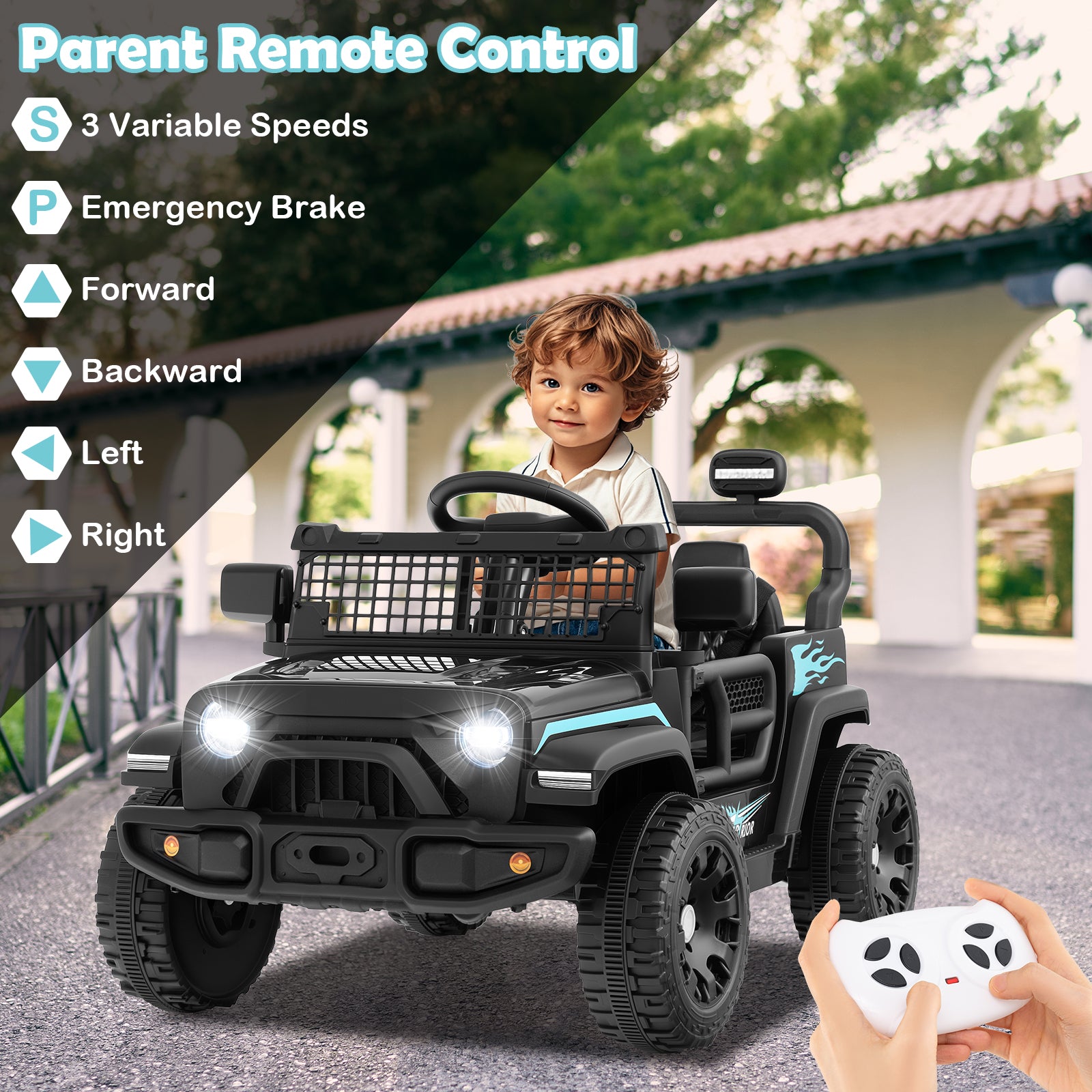 Child playing with a toy car outdoors, remote control in hand, with product features listed on the left.