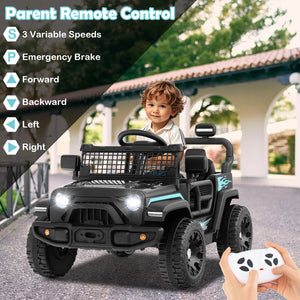 Child playing with a toy car outdoors, remote control in hand, with product features listed on the left.