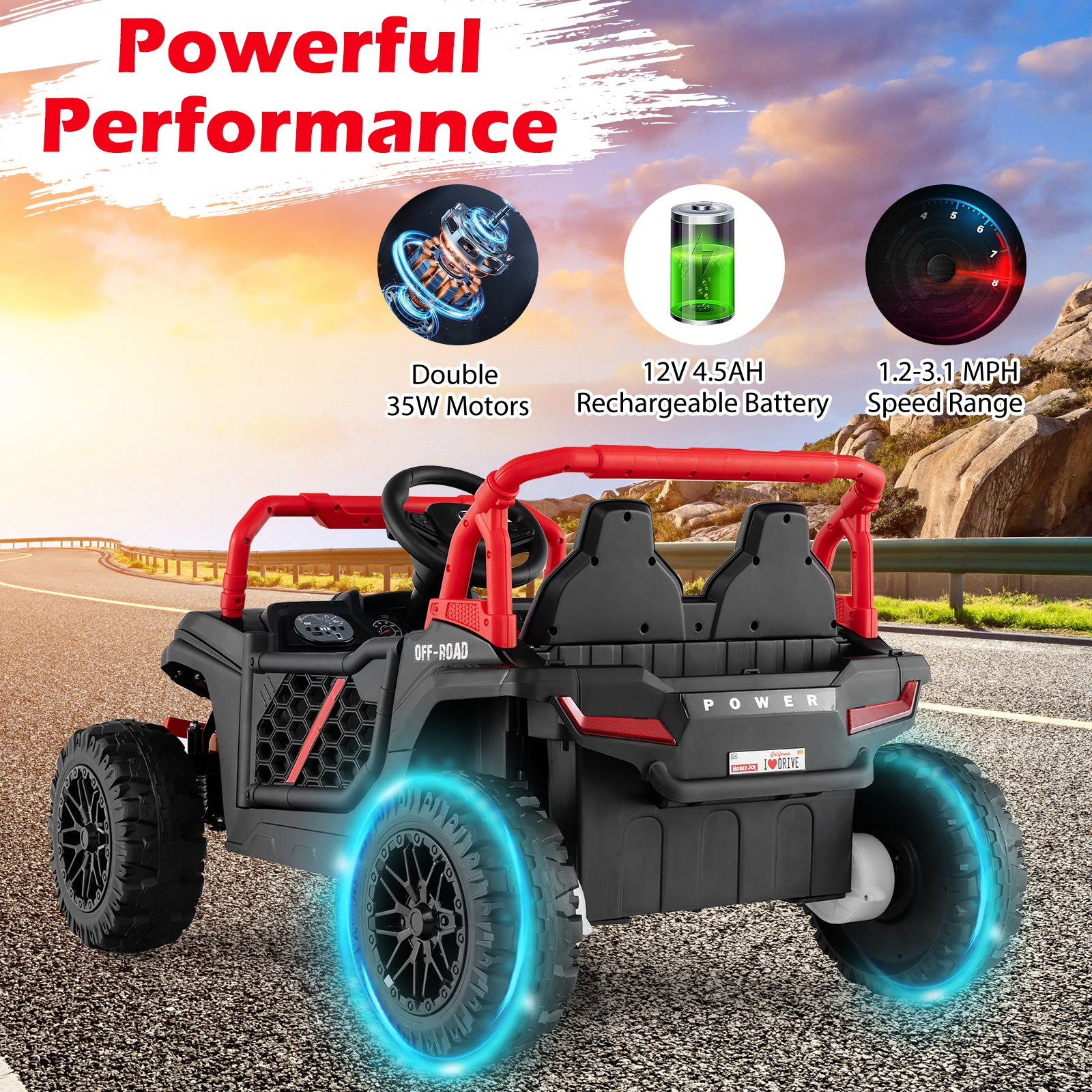 Children's toy off-road vehicle with glowing wheels on a road with scenic background