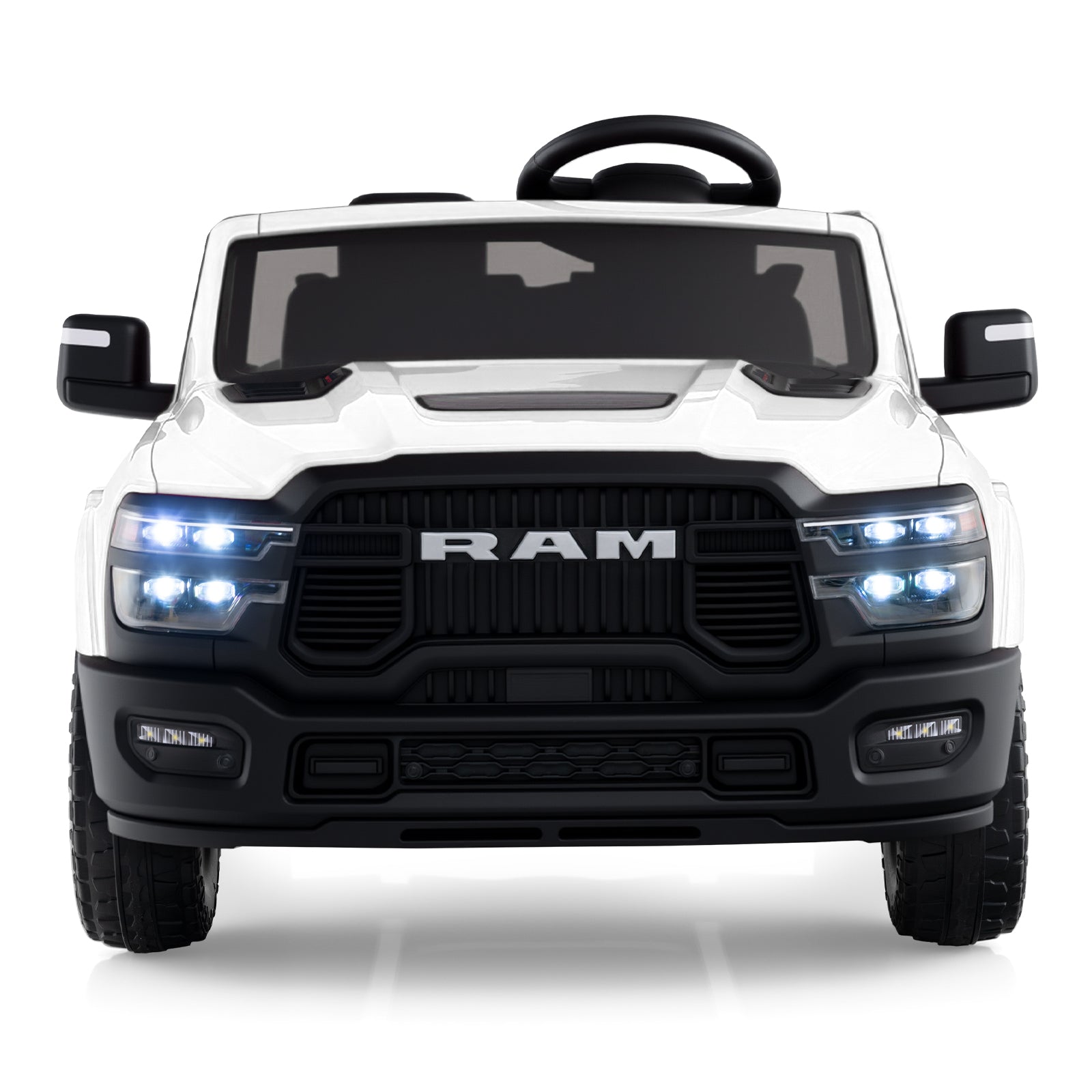White toy truck with black accents on a white background