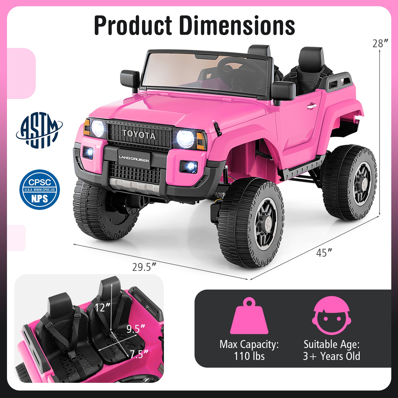 Pink toy car with dimensions and safety certification logos on a white background