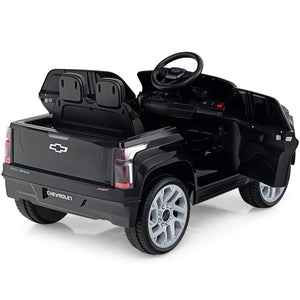 Black toy truck with open back doors on a white background