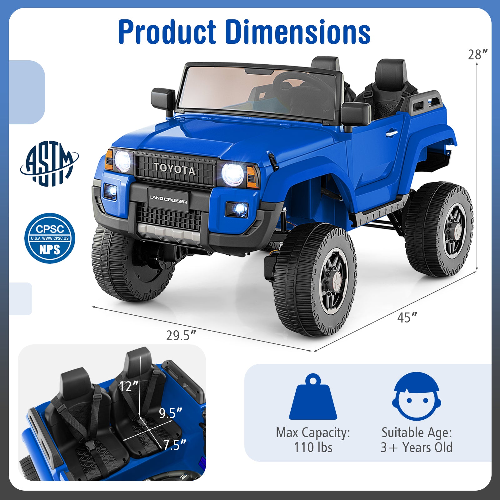 Blue toy truck with dimensions and safety certification logos on a white background