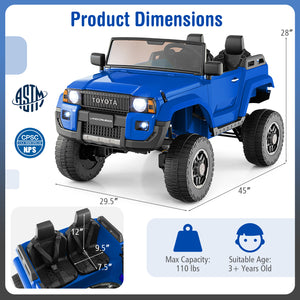 Blue toy truck with dimensions and safety certification logos on a white background