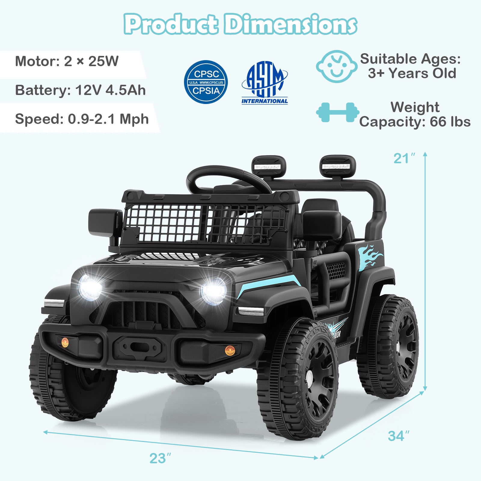 Black toy SUV with product dimensions and safety certification logos on a white background