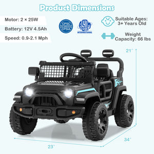 Black toy SUV with product dimensions and safety certification logos on a white background