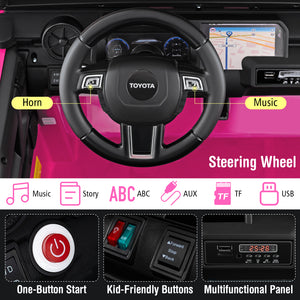 Toy car interior with steering wheel and dashboard controls labeled, featuring a Toyota logo.