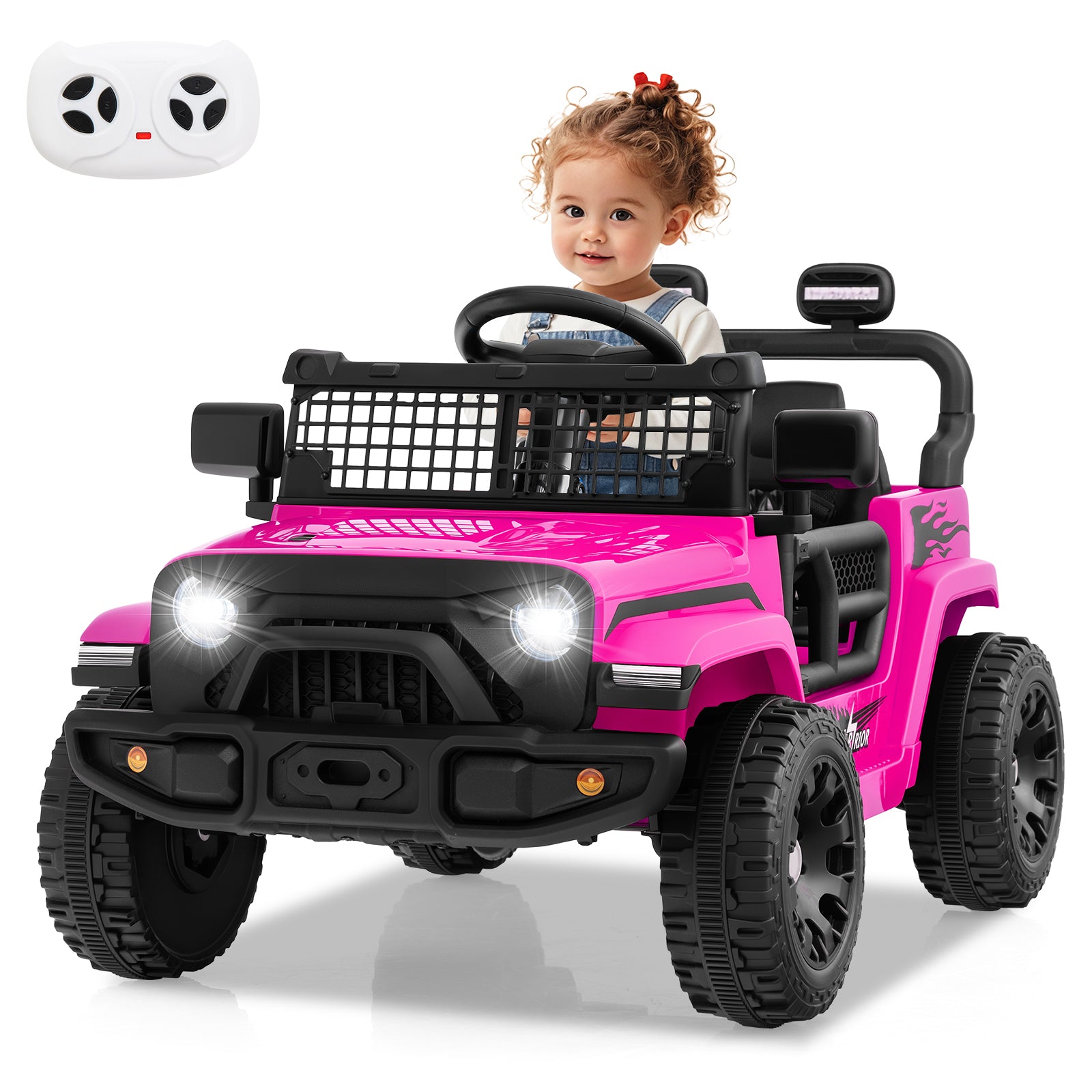 Child playing with a pink toy jeep on a white background