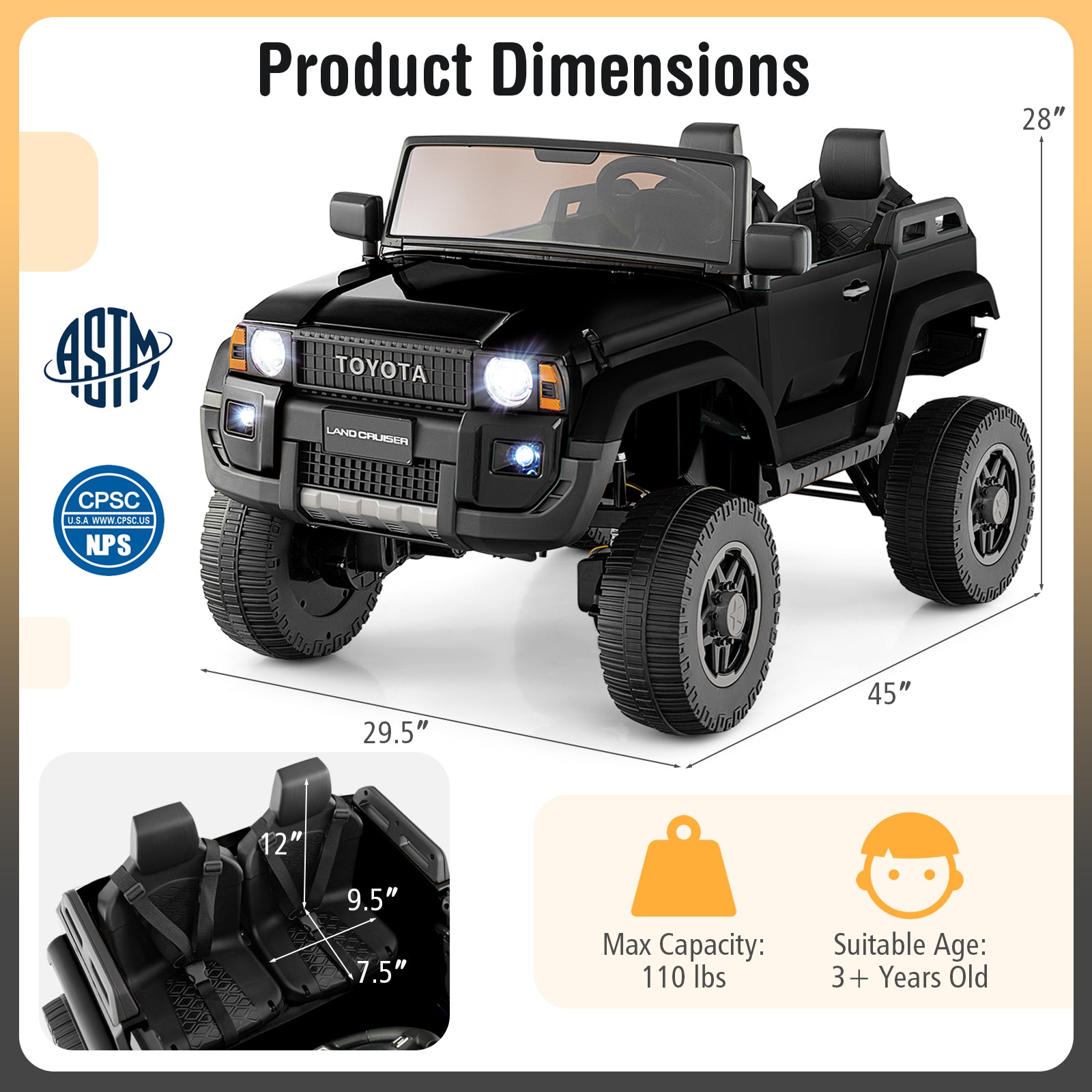 Black toy truck with dimensions and safety certification logos on a white background