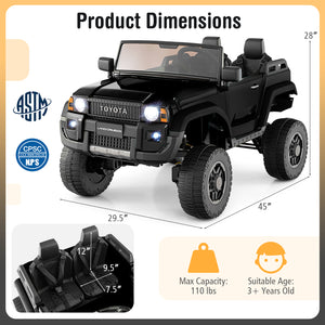 Black toy truck with dimensions and safety certification logos on a white background