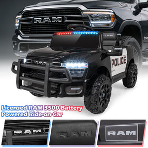 Black RAM 3500 battery-powered ride-on car with police design in front of a larger RAM truck.