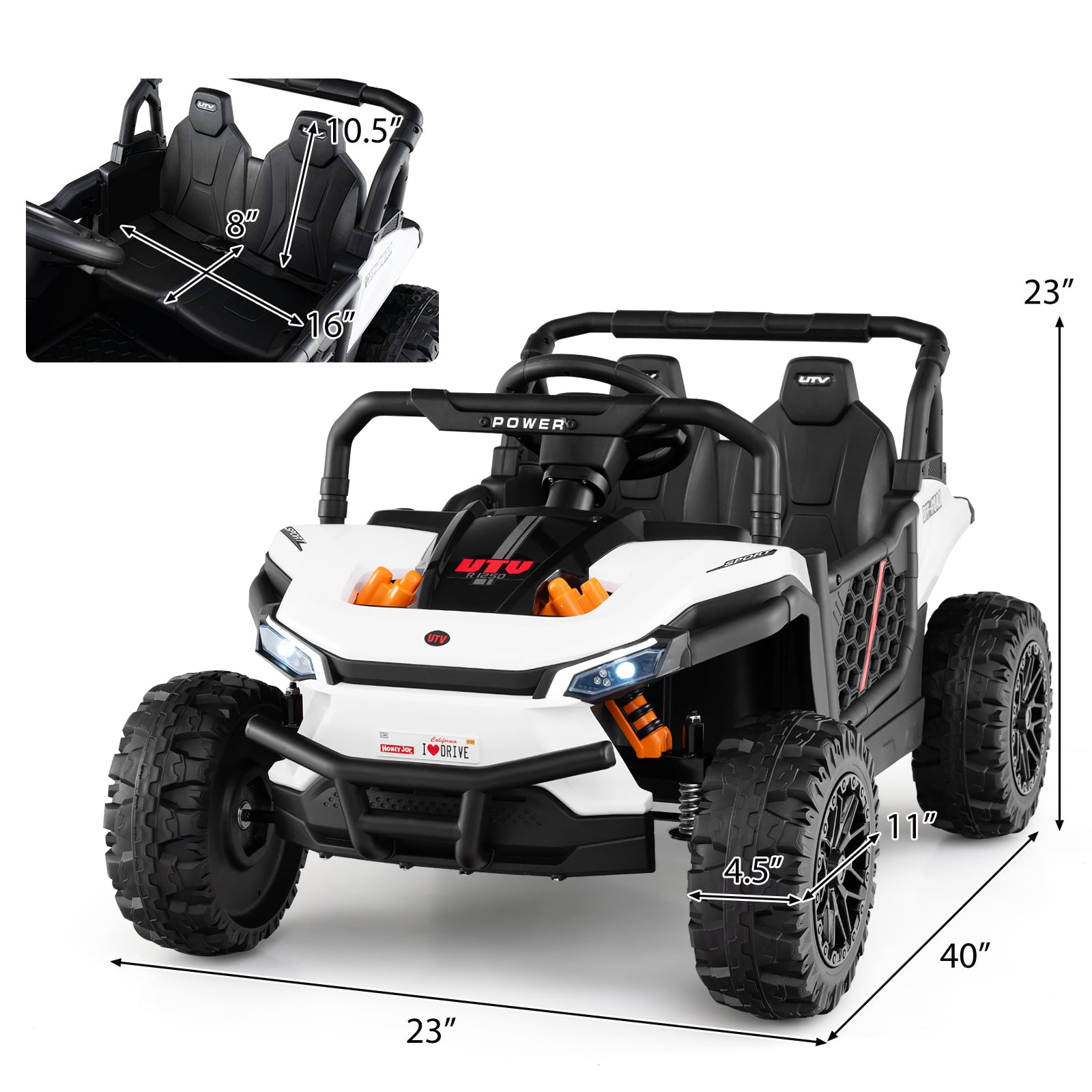 Children's toy off-road vehicle with dimensions and seat height measurements displayed.