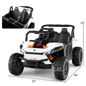 Children's toy off-road vehicle with dimensions and seat height measurements displayed.