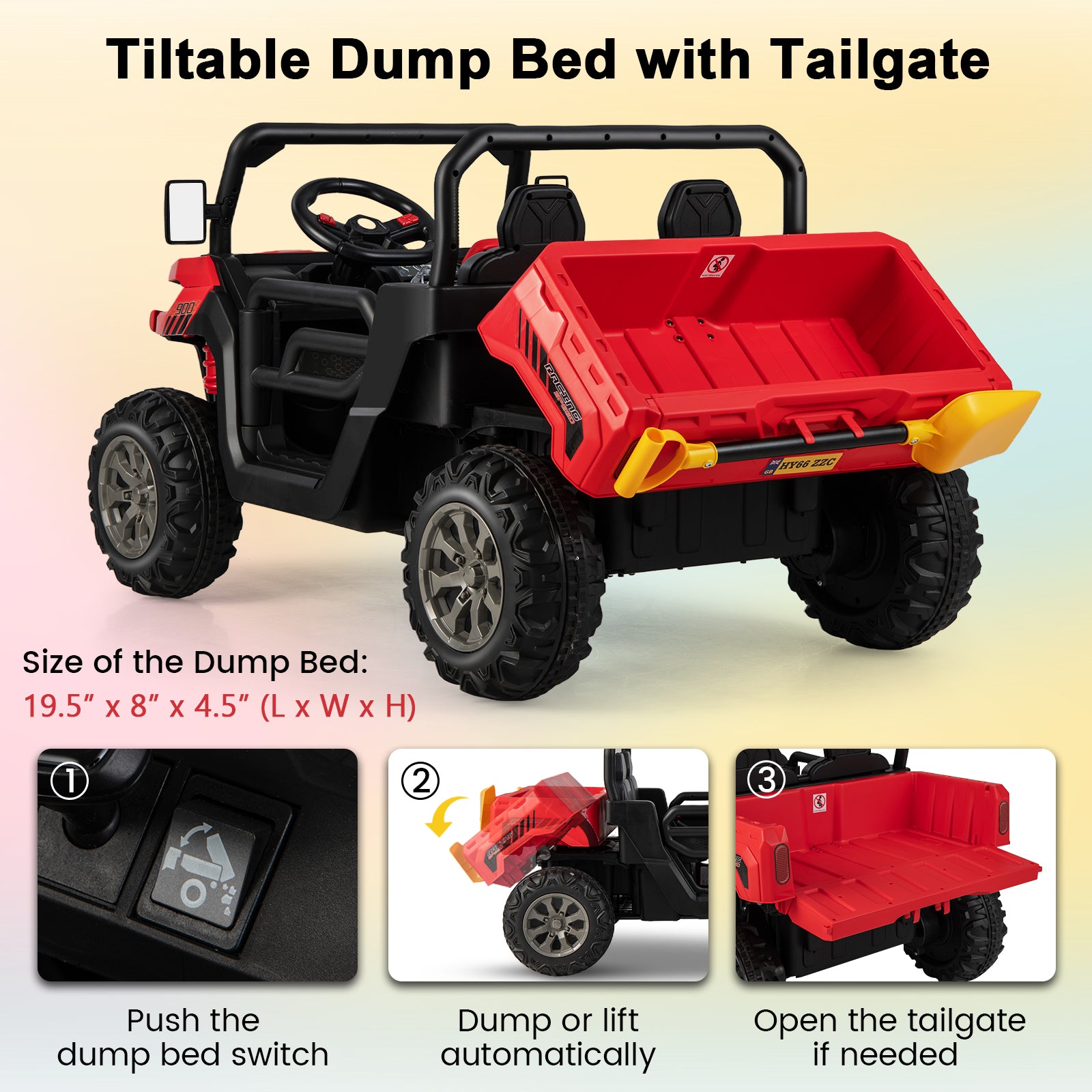 Toy vehicle with tiltable dump bed and tailgate on a gradient background
