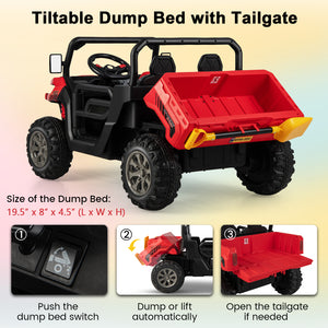 Toy vehicle with tiltable dump bed and tailgate on a gradient background