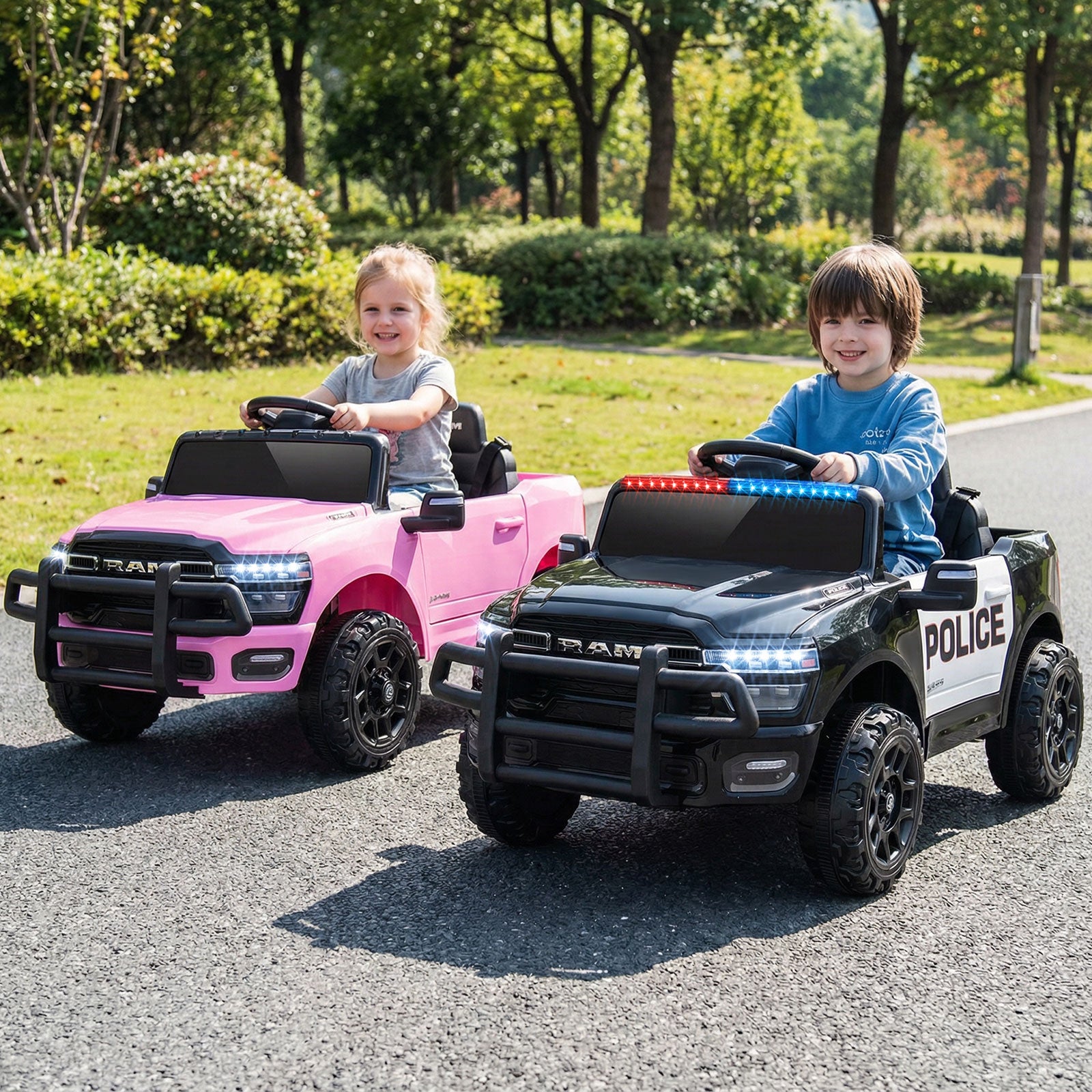 Two children playing with toy police cars on a road in a park.