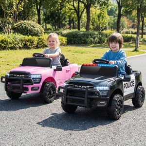 Two children playing with toy police cars on a road in a park.