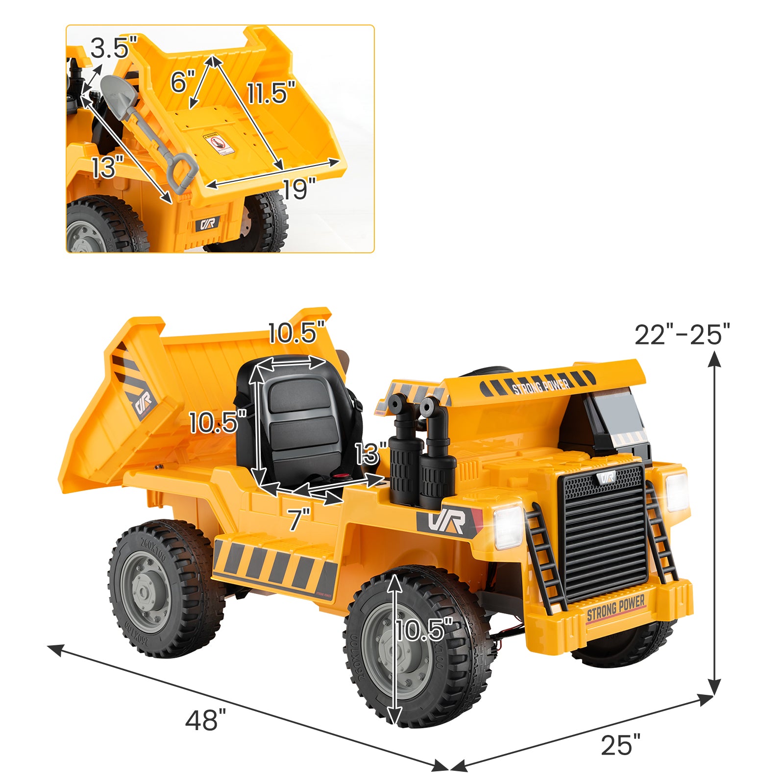 Toy dump truck with measurements on a white background