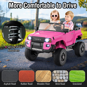 Pink toy car with children driving it, featuring shock absorbers and road types on a natural background.
