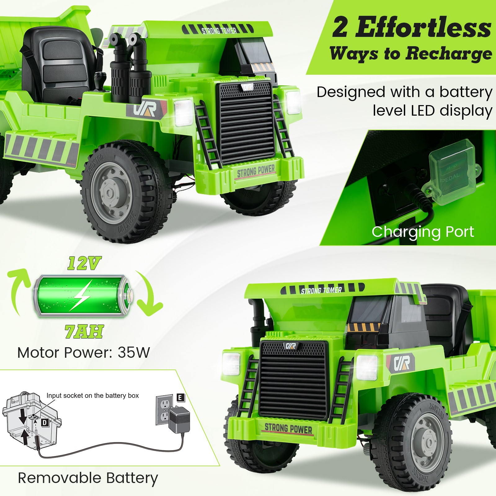 Green toy dump truck with charging port and battery display on a white background