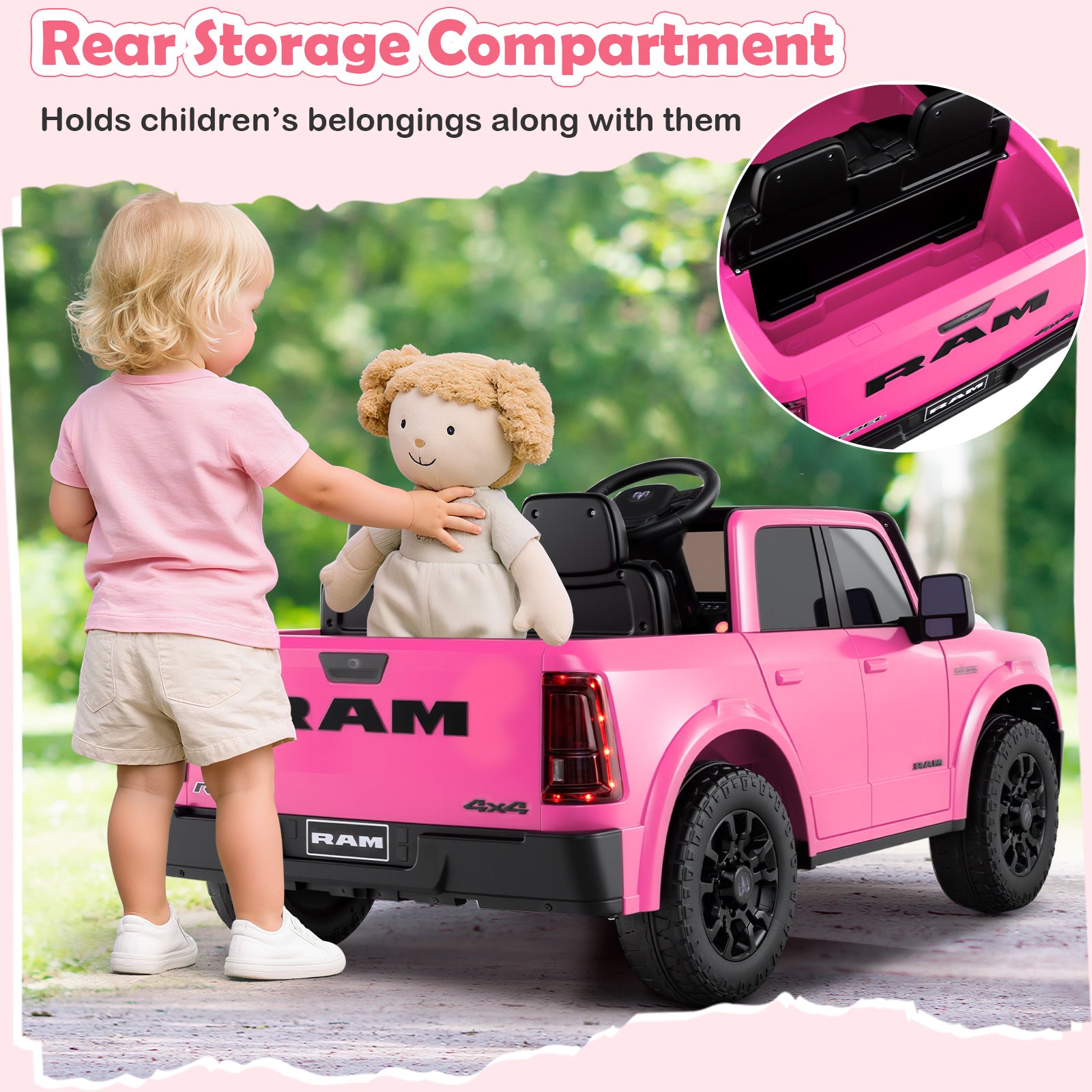 Pink toy truck with a child and teddy bear, highlighting the rear storage compartment.