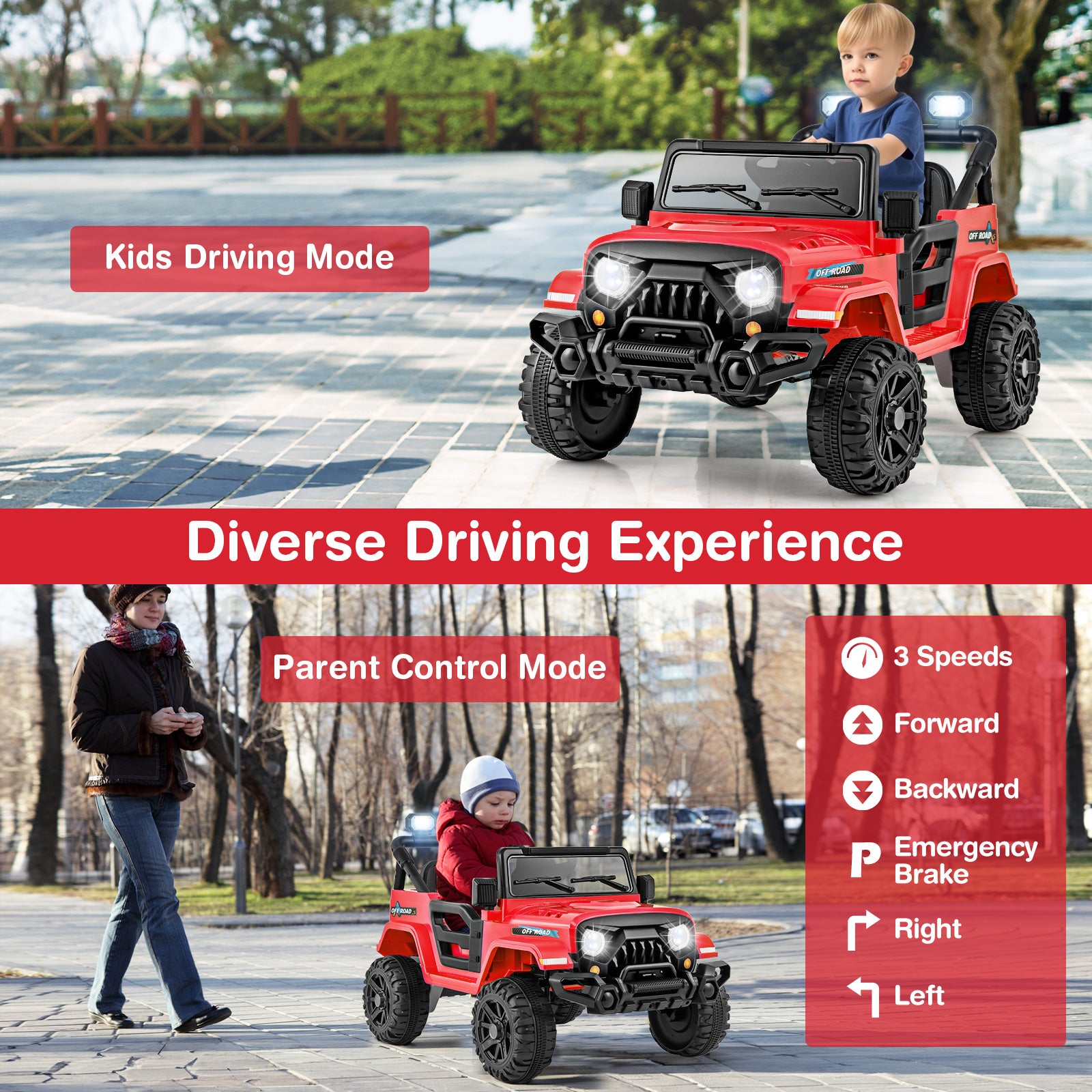 Red toy jeep with child and adult, labeled 'Kids Driving Mode' and 'Parent Control Mode', on a pavement.