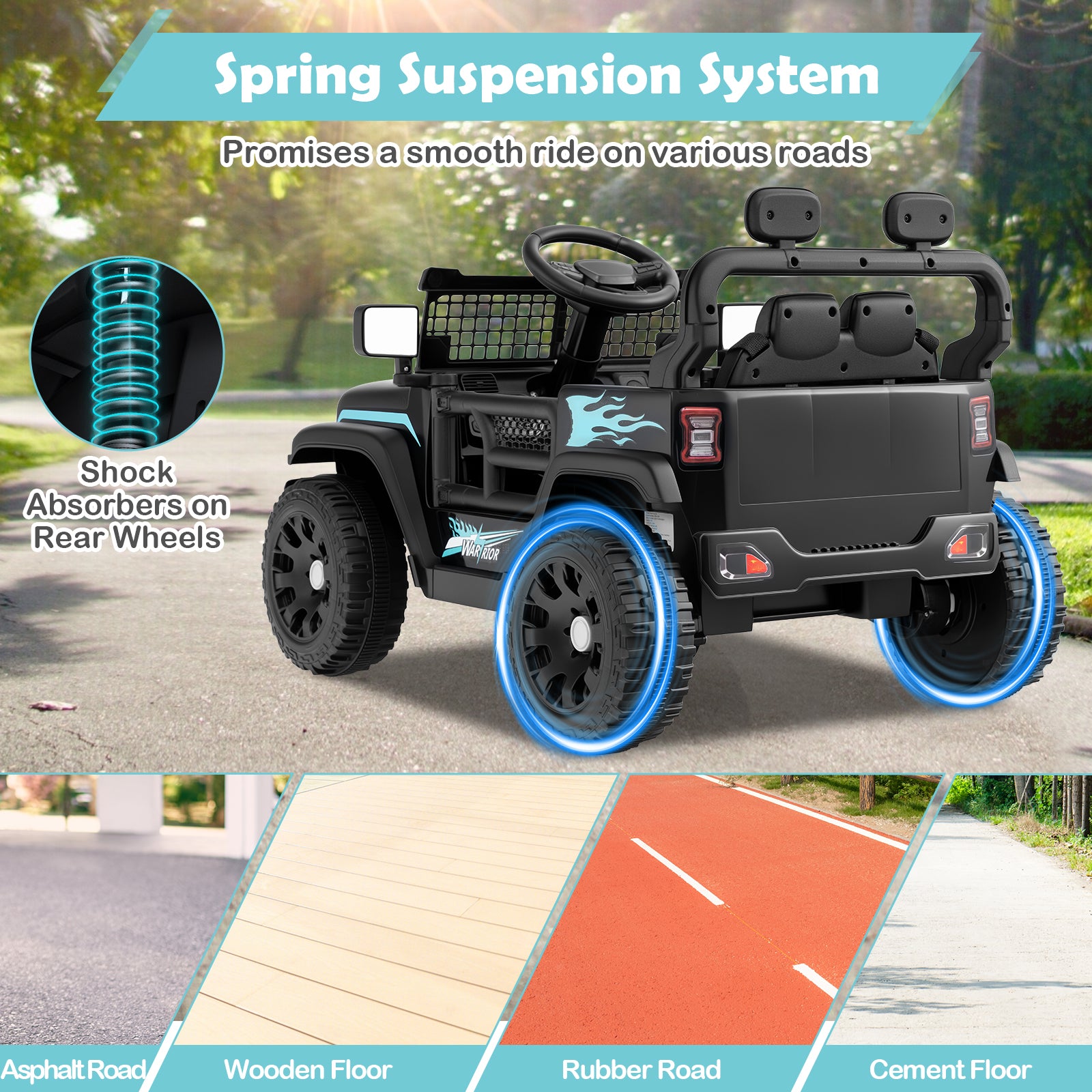 Children's toy truck with spring suspension system features on a road surface.