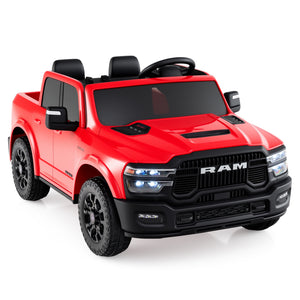Red toy truck with RAM branding on a white background