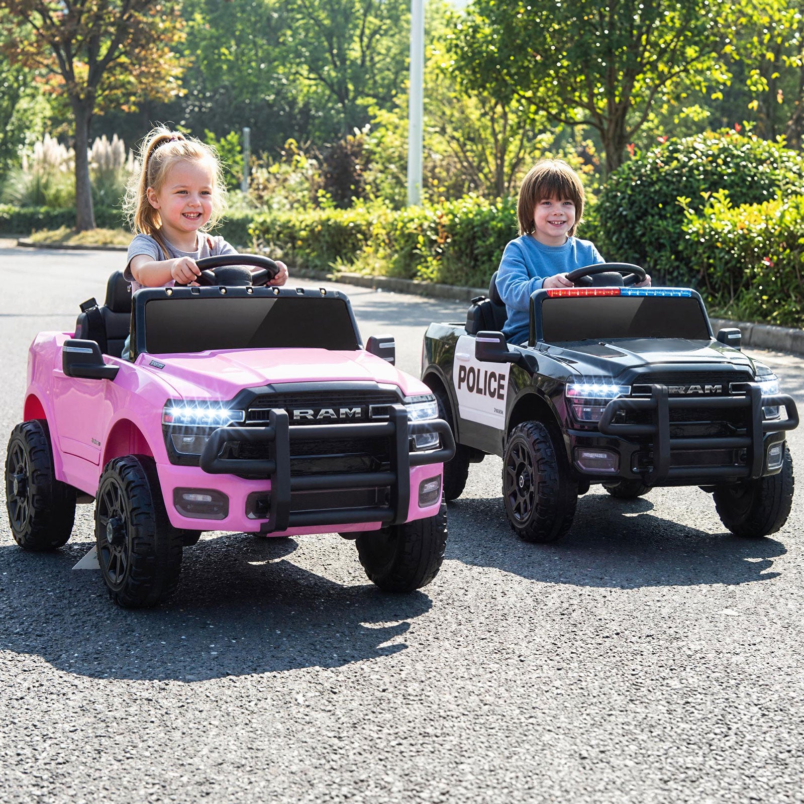 Two children playing with toy cars on a road, one pink and one black and white police car.