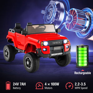 Red toy truck with charging battery and motor components on a dark background