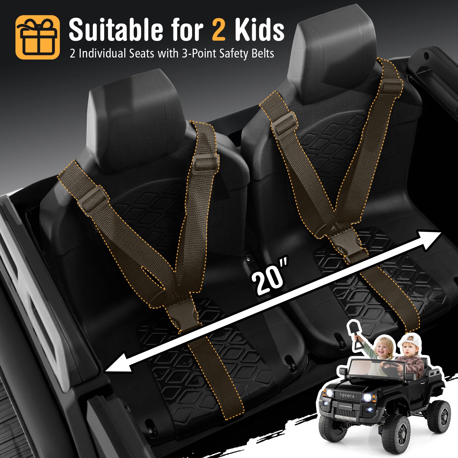 Car seat with 3-point safety belts for two children, suitable for a toy car.