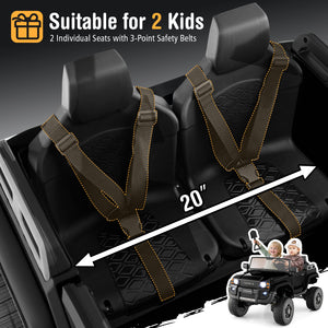 Car seat with 3-point safety belts for two children, suitable for a toy car.