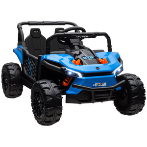 Blue toy off-road vehicle with black tires on a white background