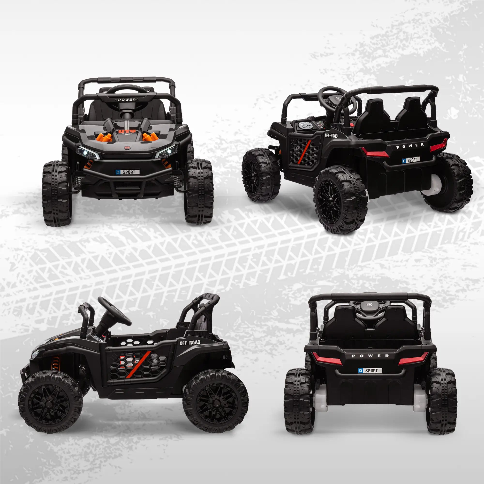 Four views of a black toy off-road vehicle on a textured white background