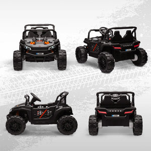 Four views of a black toy off-road vehicle on a textured white background