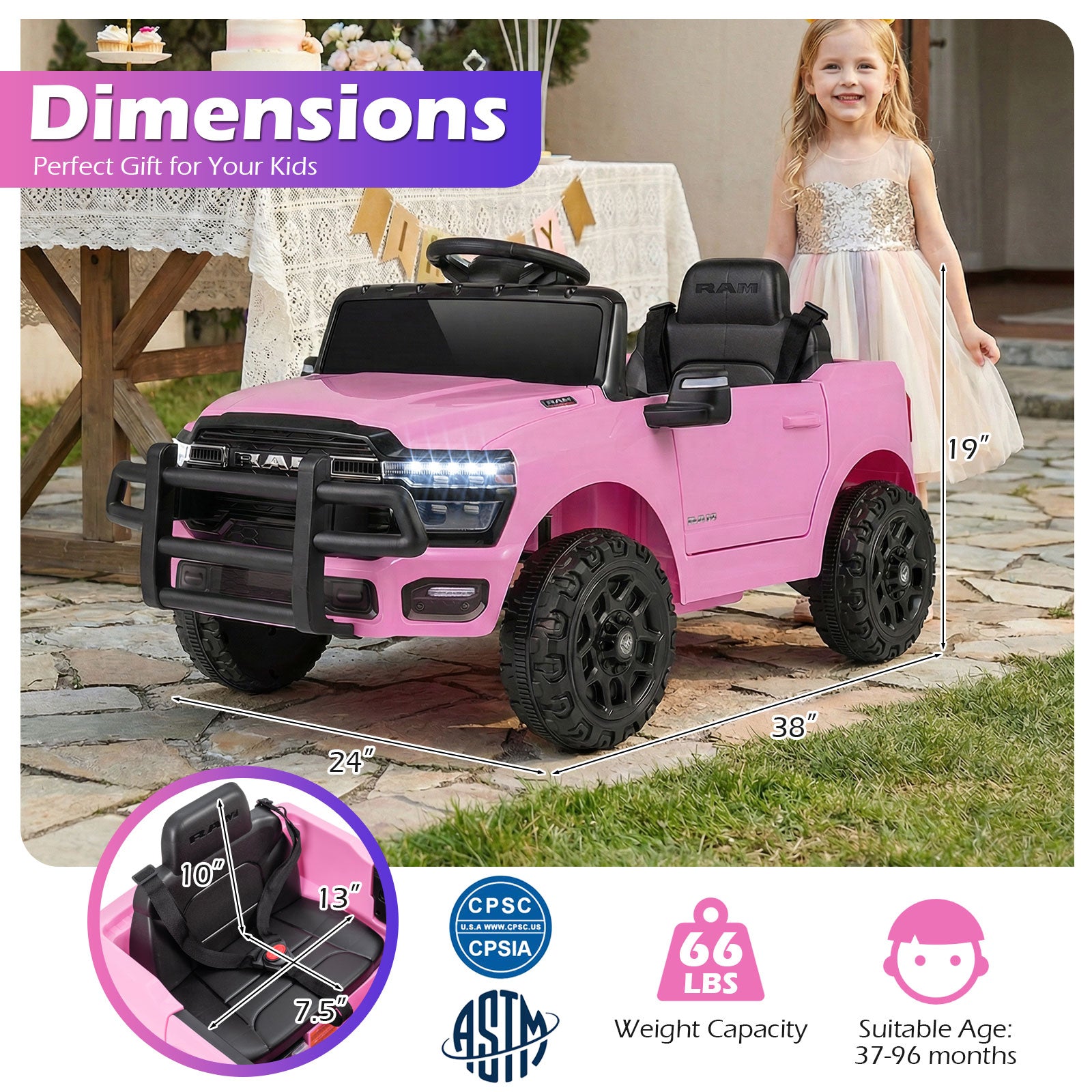 Pink toy truck with dimensions and safety certifications displayed, suitable for children.