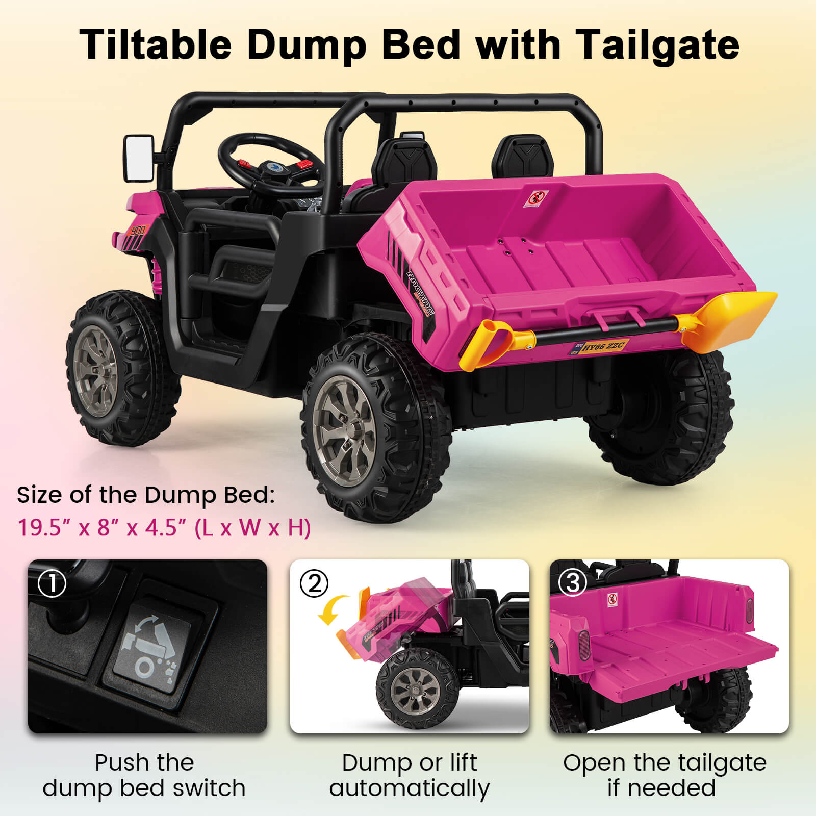 Toy vehicle with pink dump bed and tailgate on a gradient background