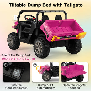 Toy vehicle with pink dump bed and tailgate on a gradient background